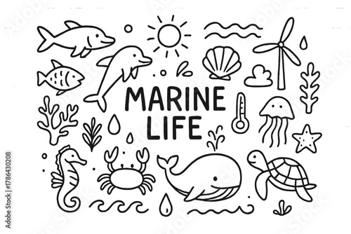 Marine and Climate Doodles. Marine Life. Hand-drawn doodle illustration of Marine Life. fish, dolphin, whale,