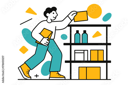 Abstract Restocking Artistry. Restocking Supplies. Person placing items on shelves with floating abstract geometric shapes and soft light accents, organized