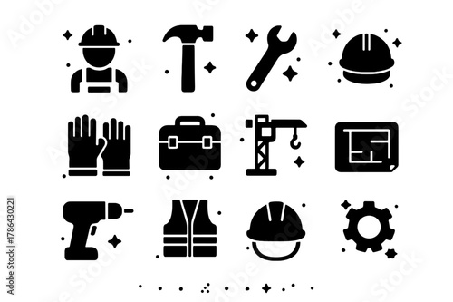 Occupational Tool Icons. Occupational Work. Solid icons set of Occupational Work: construction worker, hammer, wrench, hard hat, gloves, toolbox, crane,