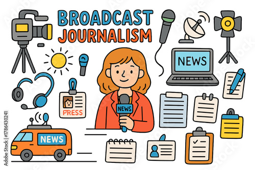 Colorful Broadcast Journalism Icons. broadcast journalism. Colorful Hand-drawn doodle Children illustration broadcast journalism reporter, camera, microphone,