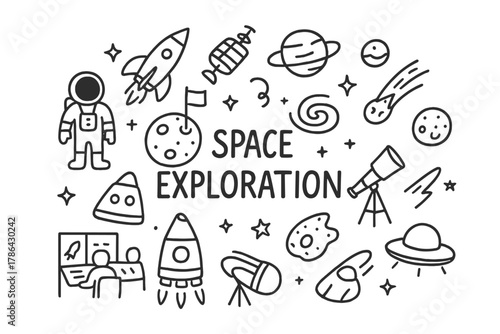 Doodle Space Adventure. Space exploration. Hand-drawn doodle illustration of space exploration. rocket,