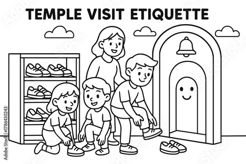 Temple Etiquette Coloring Page. Temple visit etiquette children?s coloring book illustration, outlined drawing, visitors removing shoes and placing them on a
