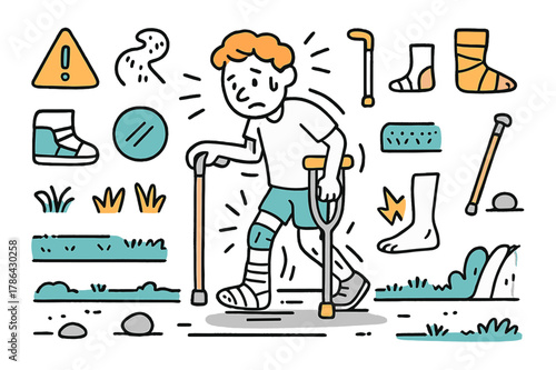 Careful Steps. Careful walking. Hand-drawn doodle illustration person walking (colored), uneven stride (colored), crutch (colored), cane (colored), bandaged