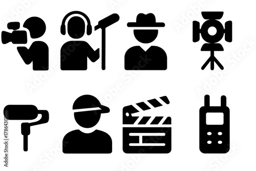 Film Crew Icons. Film crew. Filled icon set of film crew: cameraman, sound operator, director, lighting