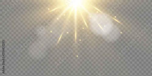 Sunshine. Glowing golden star. Solar flare on a transparent background.