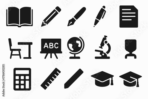 Educational Icons. education. Solid icons set of education: book, pencil, pen, paper, desk, chair, blackboard, globe, microscope, calculator, ruler, graduation