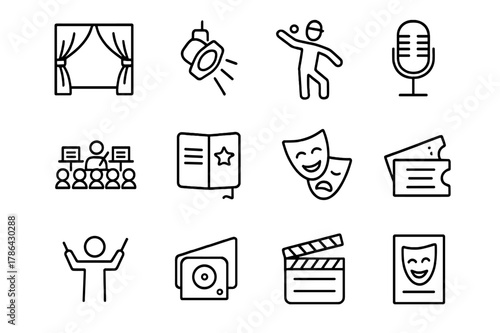 Musical Theater Icons. Musical Theater. Line icon set of Musical Theater: stage curtain, spotlight, dancing actor, microphone, orchestra pit, script book, mask