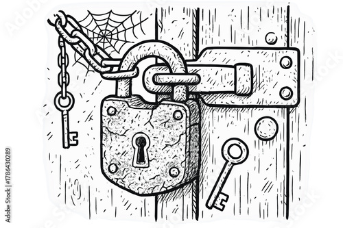Weathered Lock Doodle Art. Weathered Lock. Hand-drawn doodle illustration Weathered Lock padlock, rust, key, chain, metal door, scratches, corrosion, dust,