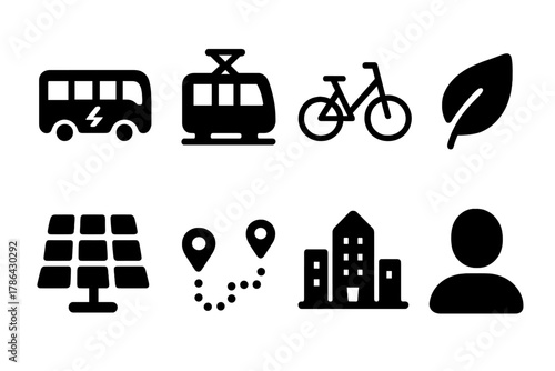 Green Mobility Icons. Green mobility. Filled icon set of green mobility: electric bus, e-tram, bicycle, leaf,