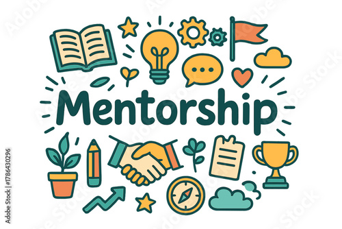 Colorful Mentorship Doodle. Mentorship. Hand-drawn doodle illustration of mentorship. Book, lightbulb, gears,