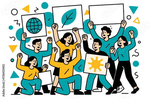 Geometric Environmental Protest. Environmental Protests. Crowd holding banners and signs with floating abstract geometric shapes and green accents, lively and