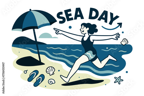 Stylized Beach Bliss. Beach Vacation. A clean shoreline with a bold umbrella casts a crisp shadow; the word ?SEA DAY? floats above gentle waves. Flip-flops and