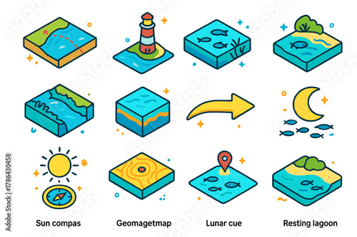 Colorful Navigation Icons. Migration and navigation cues. Colorful isometric vector icons set of Migration and navigation cues: coastal migration route, river