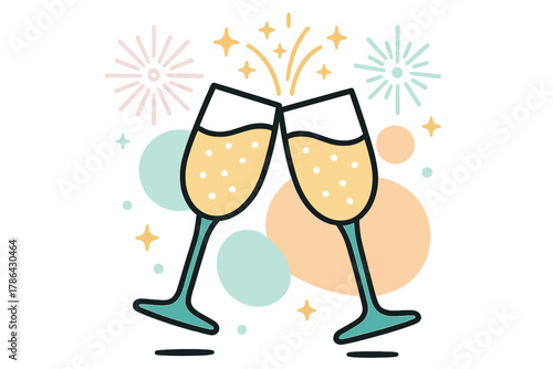 Sparkling Celebration Toast. Champagne Toast. Two glasses clink with golden sparkle trails rising upward; soft