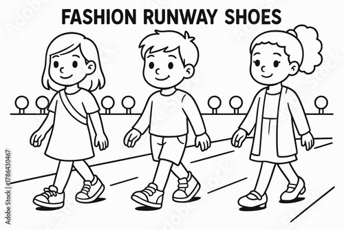 Kids Fashion Runway. Fashion runway shoes children?s coloring book illustration, outlined drawing, models