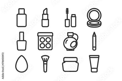 Cosmetic Icons Collection. Cosmetic products. Line outline icon set of cosmetic products: foundation bottle,