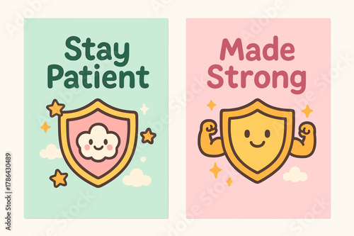 Patience & Power Banners. Patience & Power. Two vertical A6 banners with safe margins, centered composition, no elements touching edges, cartoon, pastel mint