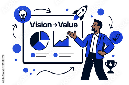 Vision to Value. Developing a Business Pitch Deck. A presenter gestures toward clean slides featuring graphs and key phrases; a large title reads ?Vision >