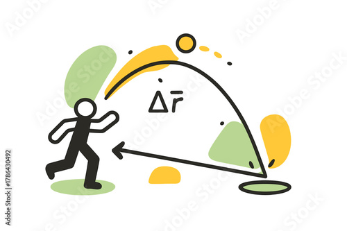 Ball's Motion Path. Projectile Motion Path. A ball arcs across air while a single vector shows direct displacement between start and landing. ??r? hovers above