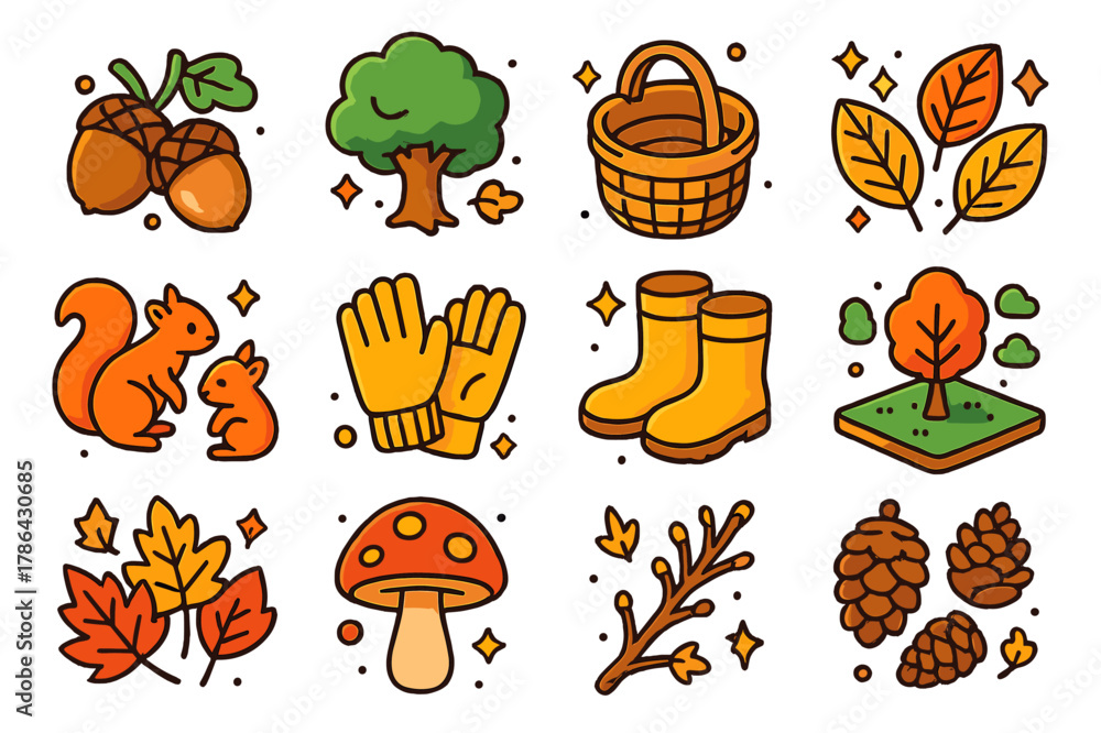 Fototapeta premium Nature Icon Set. Nature collection. Colorful isometric vector icons set of nature collection: acorns, oak tree, basket, fallen leaves, squirrels, gloves,