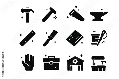 Workshop Craft Icons. Workshop Craft. Solid icons set of Workshop Craft: hammer, chisel, saw, anvil, ruler, paintbrush, wood plank, sewing needle, thread