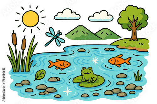 Cartoon River Doodle. Clear river. Colorful Hand-drawn doodle Children illustration Clear river flowing water, smooth stones, fish, reeds, dragonfly, sunlight