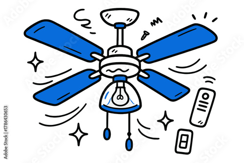 Ceiling Fan Doodle. // Ceiling fan with light. Hand-drawn doodle illustration Ceiling fan with light [fan blades (accented), lamp bowl (accented), ceiling rod