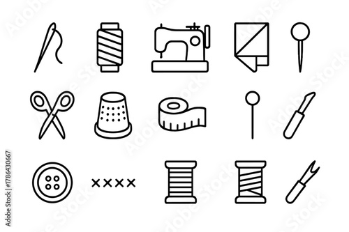 Sewing Essentials Icons. Sewing essentials. Line icon set of sewing essentials: needle, thread, sewing machine, fabric fold, scissors, thimble, measuring tape,