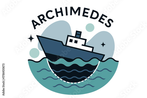 Stylized Ship Displacement. Boat Displacement at Sea. A ship hull cuts through stylized waves; volume lines beneath show buoyant displacement. Floating