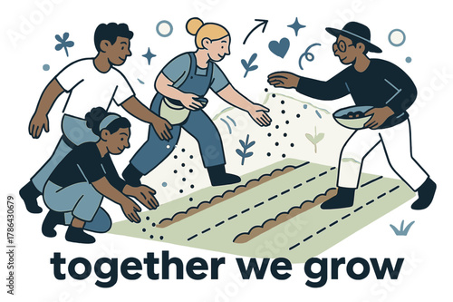 Seeds of Unity. Seeds ? Community Garden. Diverse hands scatter seeds across prepared rows; dotted lines mark shared space. Caption ?together we grow?. Modern