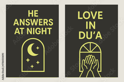 Night Prayer Banners. Night Prayers. Two vertical A6 banners with safe margins, centered composition, no elements touching edges, geometric, charcoal and neon