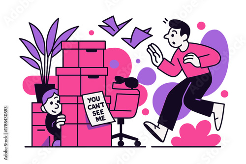 Office Hide and Seek. Office Hide and Peek. Rolling chair, tall plant, and box towers create hiding nooks; a sticky note reads ?You can?t see me.? The seeker