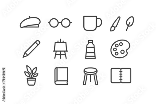 Artist Essentials Icons. Artist lifestyle. Line outline icon set of artist lifestyle: hat, glasses, coffee mug