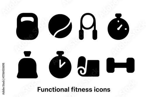 Functional Fitness Icons. Functional fitness. Filled icon set of functional fitness: kettlebell, medicine ball