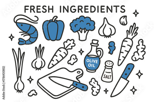 Fresh Ingredient Doodles. // Fresh ingredients. Hand-drawn doodle illustration Fresh ingredients [shrimp (accented), bell pepper (accented), broccoli
