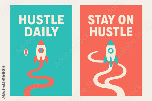 Hustle Daily Banners. Hustle daily. Two vertical A6 banners with safe margins, centered composition, no elements touching edges, modern, turquoise and coral,