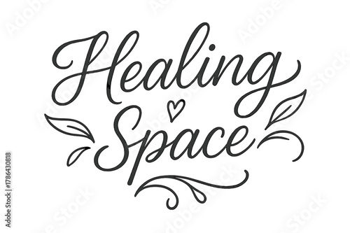 Healing Space Calligraphy. Healing Space ? brush script hand-lettering with fluid semi-cursive strokes, thin connectors, soft brush flicks; composition: