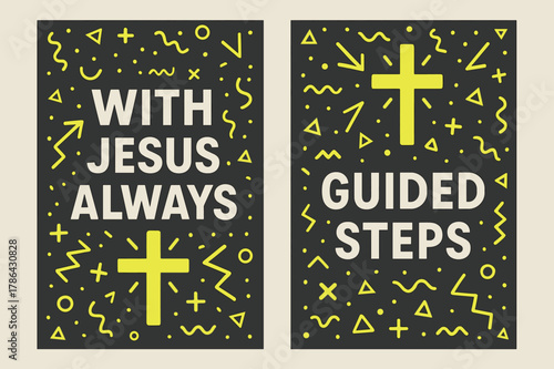 Christ's Guided Path. Journey with Christ. Two vertical A6 banners with safe margins, centered composition, no elements touching edges, memphis, charcoal and