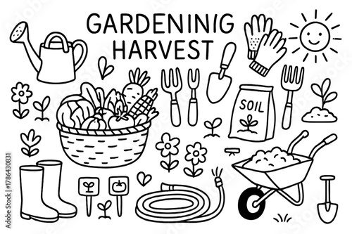 Gardening Essentials Illustration. Gardening Harvest. Hand-drawn doodle illustration Gardening Harvest basket of vegetables, watering can, gloves, trowel,