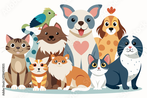 A cute and funny vector illustration set of cartoon zoo and farm animals, including a cat, dog, tiger, baby pig, cow, rabbit, fox, bear, elephant, and lion characters