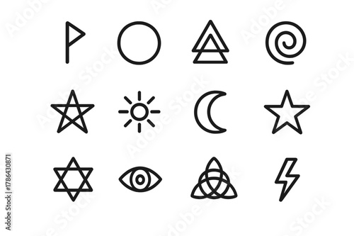 Mystical Symbol Icons. Runes and symbols. Line icon set of runes and symbols: elder futhark rune, circle symbol, triangle symbol, spiral, pentagram, sun