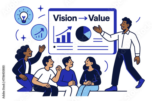 Vision to Value. Developing a Business Pitch Deck. A presenter gestures toward clean slides featuring graphs and key phrases; a large title reads ?Vision >