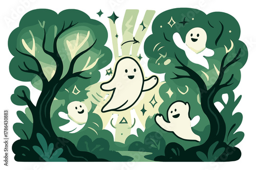 Mystical Grove Glow. Mystical grove. Glowing trees with twisting branches, whimsical floating creatures,