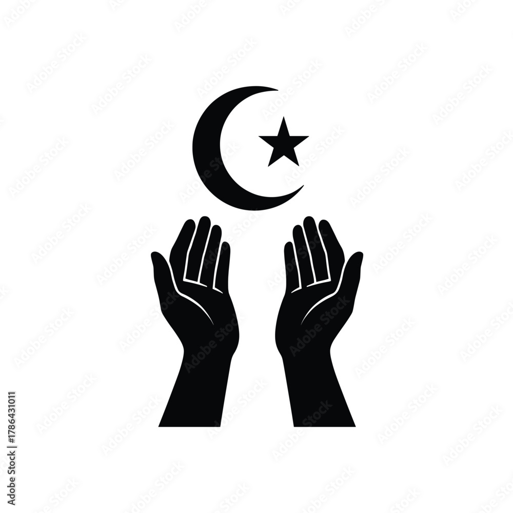 Fototapeta premium A minimal silhouette of hands raised in dua under crescent moon and star symbol of prayer and faith