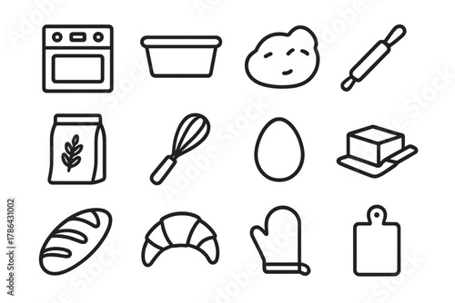 Home Baking Icon Set. Home baking. Line outline icon set of home baking: oven, loaf pan, dough, rolling pin,