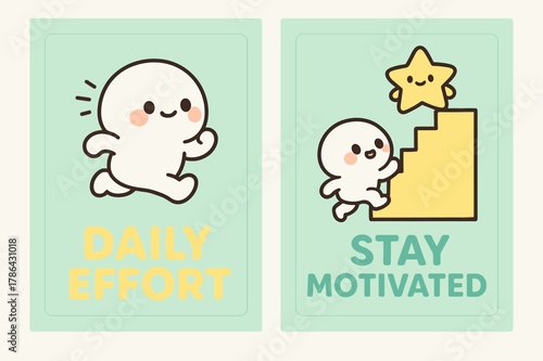 Kawaii Motivation Banners. Daily effort. Two vertical A6 banners with safe margins, centered composition, no elements touching edges, kawaii, pastel mint and