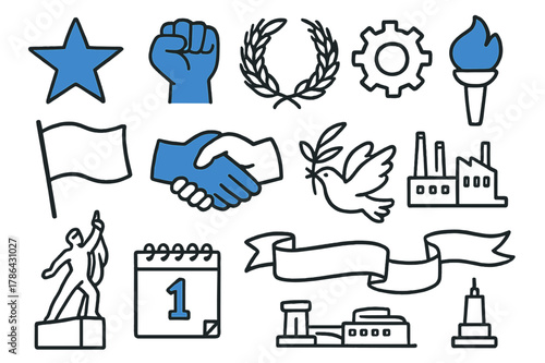 Socialist Symbols Doodle. // Socialist era symbols. Hand-drawn doodle illustration Socialist era symbols [red star (accented), worker fist (accented), wheat