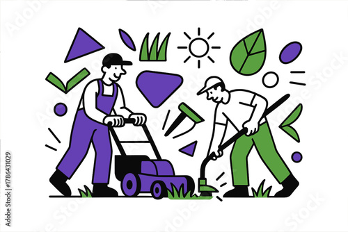 Abstract Garden Care. Lawn care. Gardeners mowing grass and trimming edges, abstract floating geometric shapes