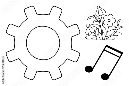 Gear with bold lines, delicate flower bouquet, and musical note as representations of innovation, growth, and art. Ideal for technology, ecology, creativity, harmony balance engineering