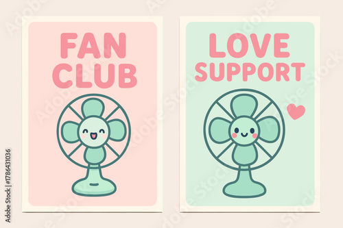 Kawaii Banner Design. Fans. Two vertical A6 banners with safe margins, centered composition, no elements touching edges, kawaii, pastel mint and pink, fan art,